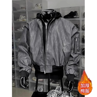 美式飞行员棉衣男款秋冬季复古假两件连帽皮衣外套短款高街棉服潮