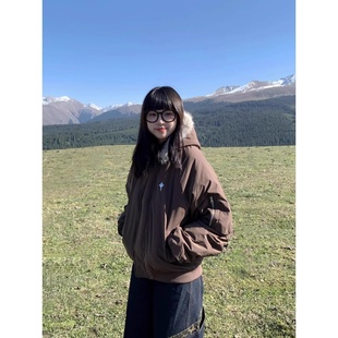 美式复古毛领连帽棉服外套男女秋冬季cleanfit保暖加厚短款棉袄子