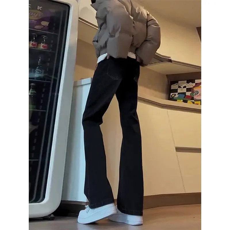 美式高街vibe纯黑色微喇叭牛仔裤男春季潮牌提裆高腰修身直筒裤子