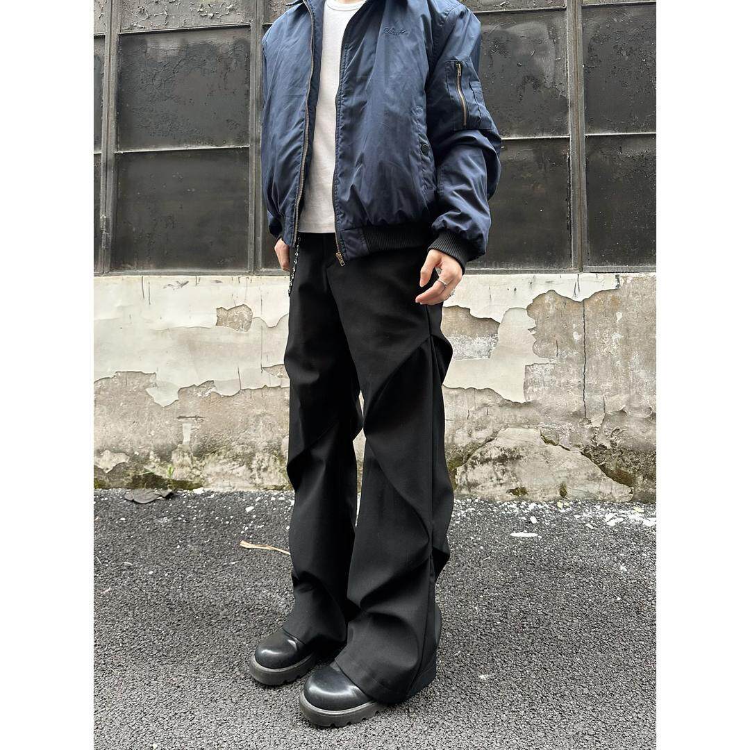 美式重磅双层面料褶皱微喇西裤黑色垂感修身百搭直筒裤