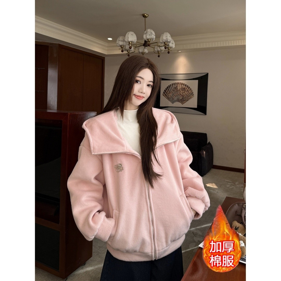 秋冬季夹棉小香风加厚棉服外套甜美少女感学院风大翻领连帽棉衣女