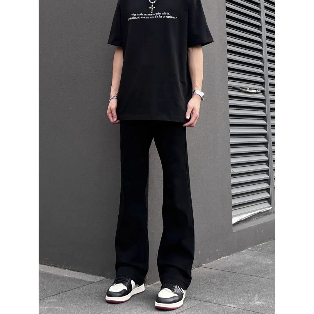 高街弯刀微喇牛仔裤男女款春夏美式高街透气黑色直筒提档长裤子男