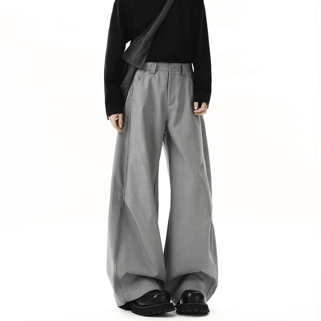 美式灰色褶皱休闲西裤男女春秋宽松高级感cleanfit直筒阔腿长裤子