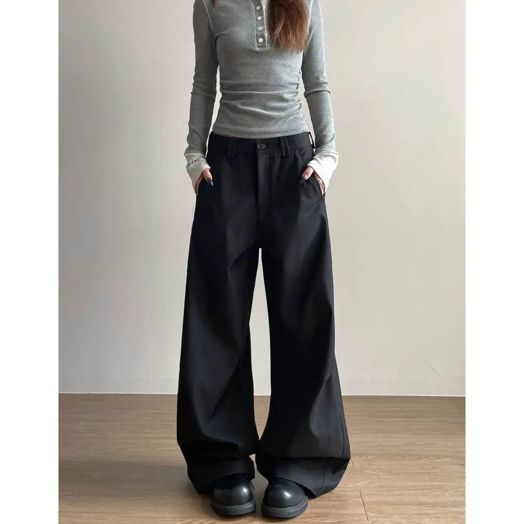 美式高级感褶皱弯刀西裤男新款复古宽松百搭直筒裤子情侣