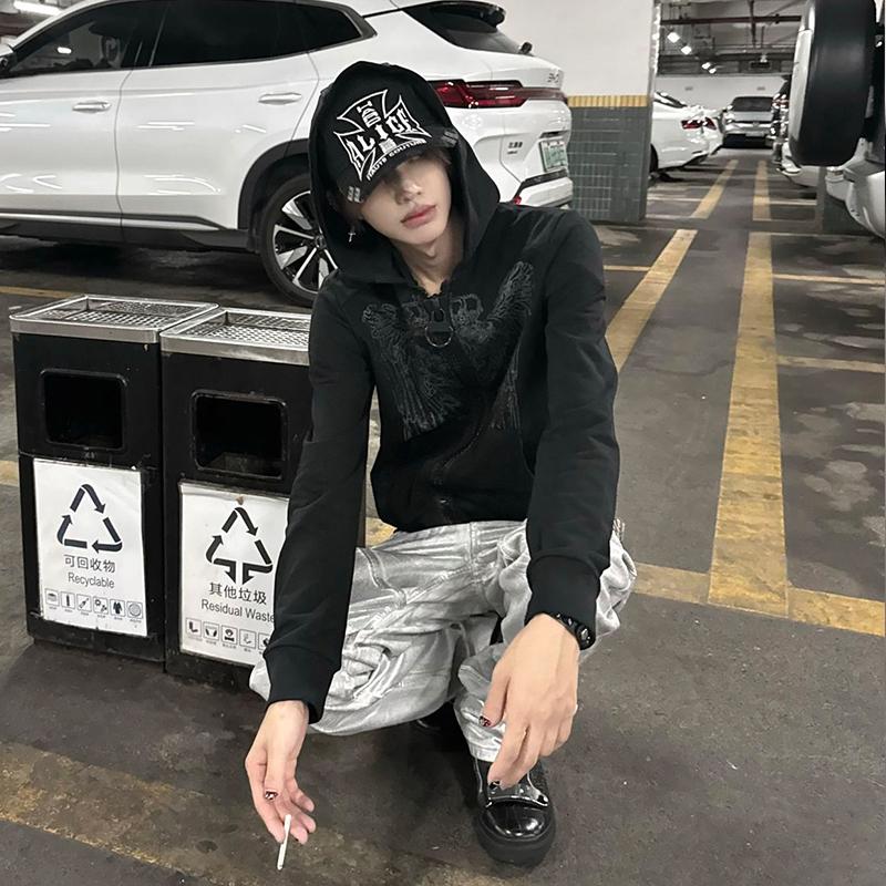 黑色大拉链暗纹卫衣男秋季连帽衫卫衣