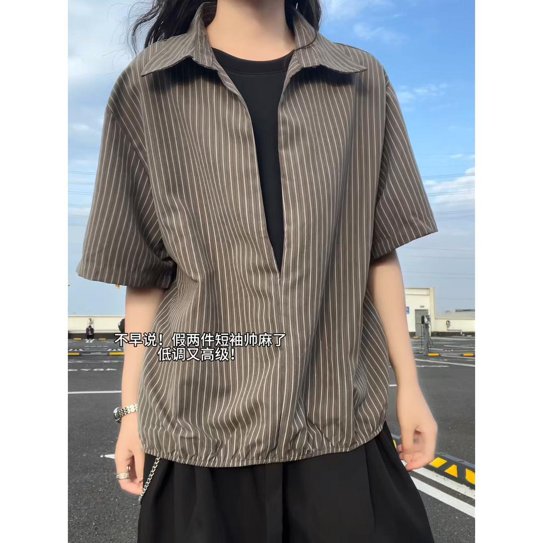假两件短袖衬衫男美式条纹拼接慵懒半袖衬衣夏季冰丝凉感男生T恤