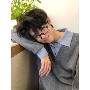 miu系穿搭假两件灰色衬衫领针织衫毛衣男款慵懒风秋冬polo衫上衣