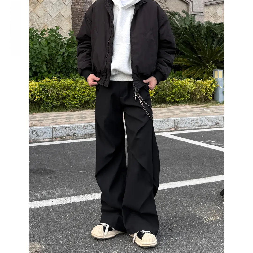 夏季美式小众褶皱微喇西裤黑色拖地垂感西装休闲高级感百搭直筒裤