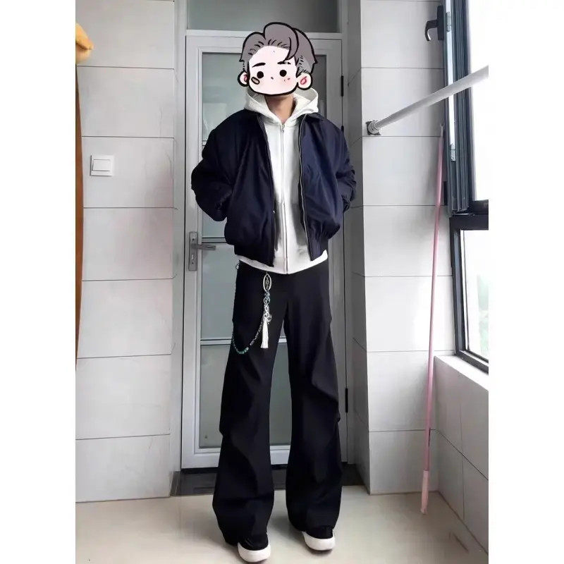 cleanfit黑色微喇褶皱西裤男春夏季新款美式裤子阔腿显瘦弯刀裤