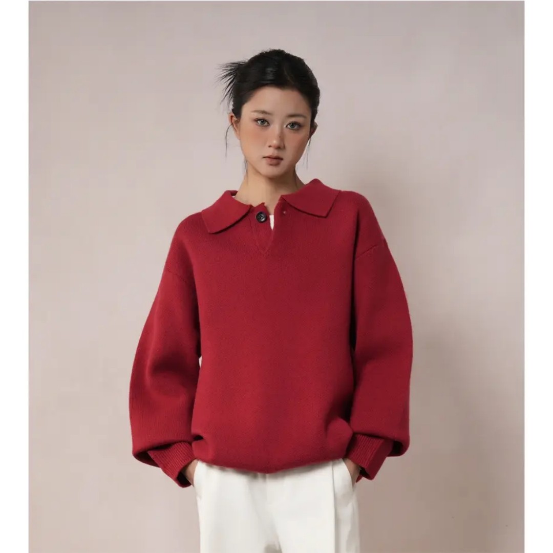 新年本命年红色polo领毛衣针织衫秋冬休闲慵懒风宽松翻领长袖上衣