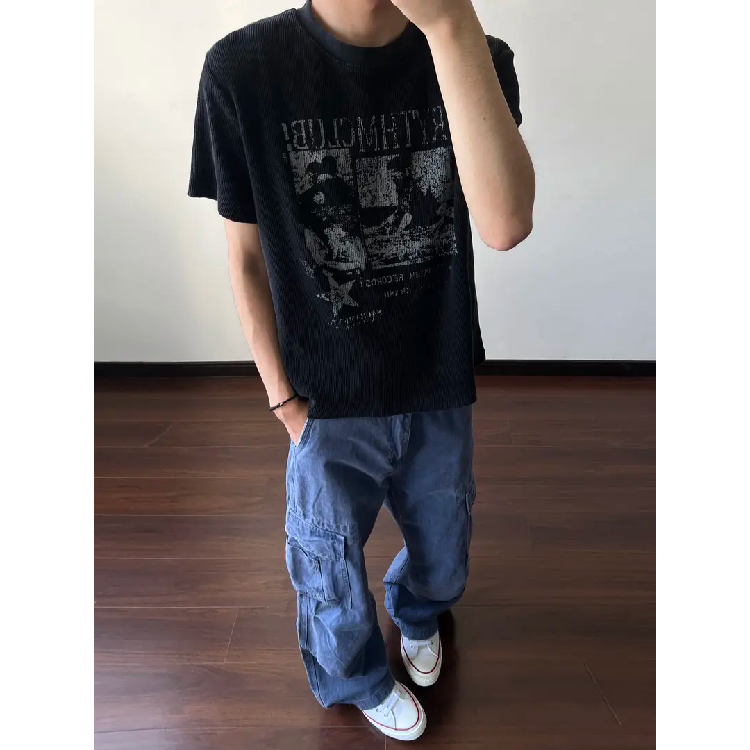 华夫格vintage水洗做旧短袖T恤正肩合身短款版型上衣