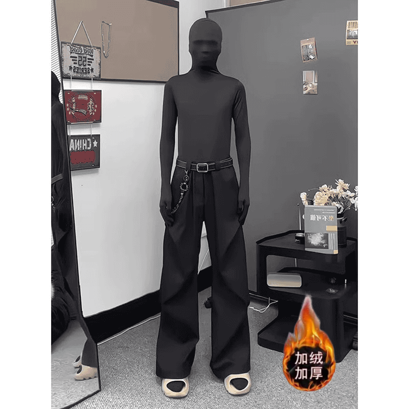 黑色褶皱弯刀西裤男款秋冬季加绒垂坠感cleanfit高腰微喇裤直筒裤