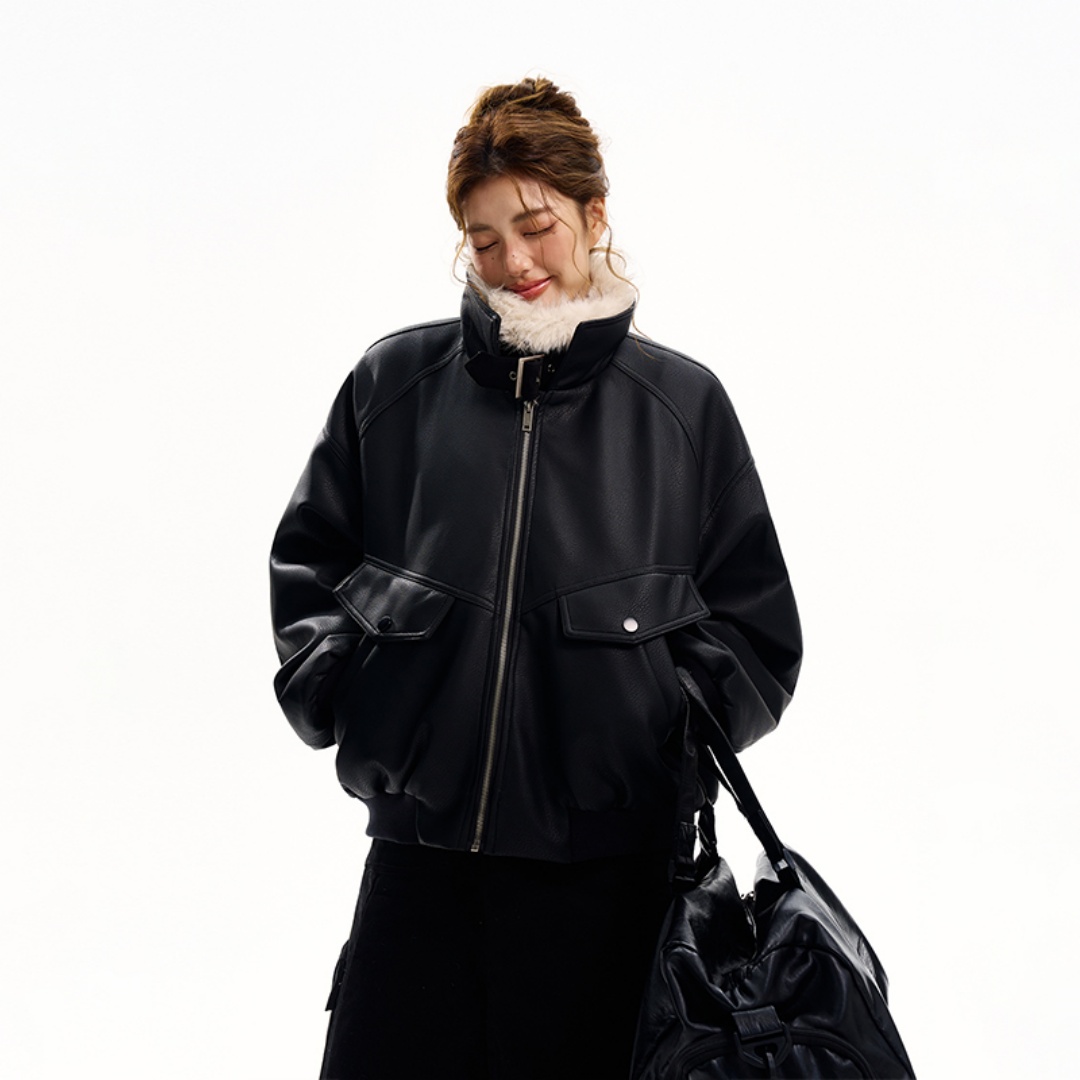 秋冬季加厚PU皮衣座山雕棉服男女外套美式复古高级感毛领拼接棉衣