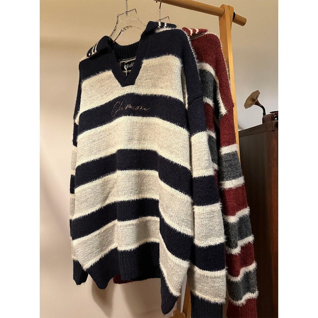 日系复古条纹polo领毛衣男女秋季宽松慵懒风小众设计感V领针织衫