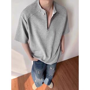 灰色美式半拉链t恤潮牌痞帅炸街男款亨利领短袖重磅正肩夏季半袖