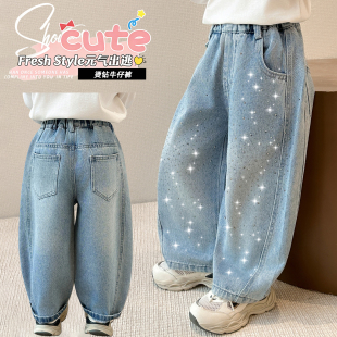 女童满钻弯刀牛仔裤春秋儿童烫钻亮闪闪阔腿裤女宝宝百搭宽松长裤