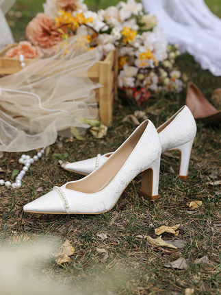 Lusen婚鞋女粗跟高级感白色法式主婚纱新娘高跟鞋不累脚平时可穿