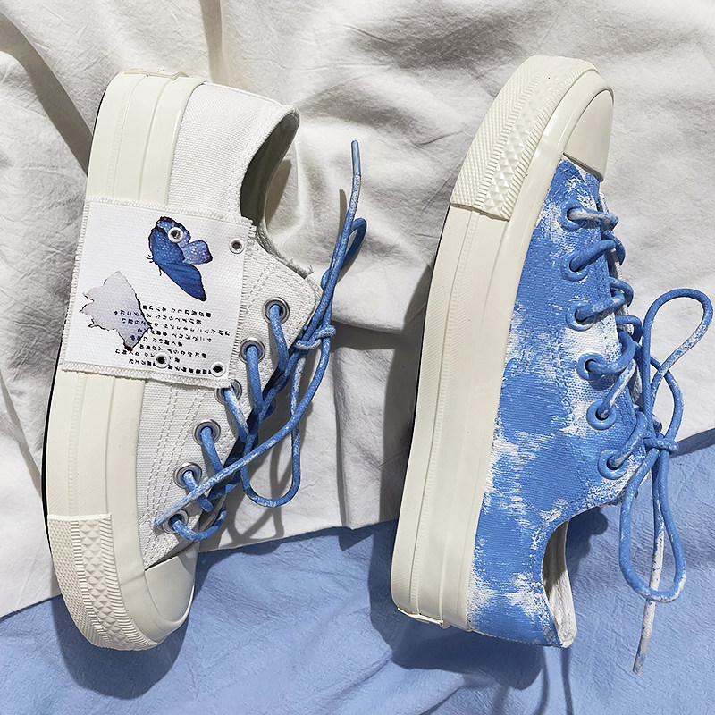 周震南同款春秋手绘鞋女鞋设计感小众daymare 原创蓝色低帮帆布鞋