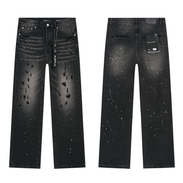 thumbnail for Maychao Purple Brand Retro Splash Ink Hole Denim High Street Washed Casual Trend Bootcut Pants Men