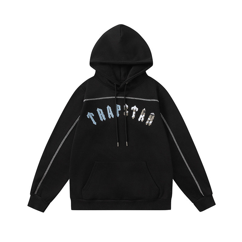 TRAPSTAR 그라데이션 문자 위장 수건 자수 플러스 벨벳 후드 티셔츠 스웨트 팬츠 유럽과 미국의 트렌디 브랜드 캐주얼 슈트