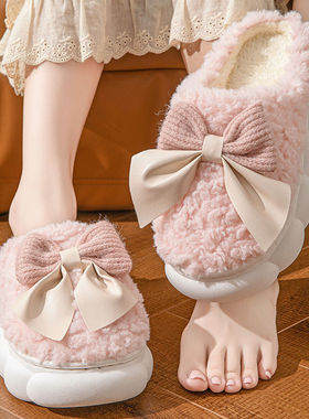 秋冬季棉拖鞋蝴蝶结月子鞋女士加厚防滑居家防滑棉鞋毛绒包跟棉拖