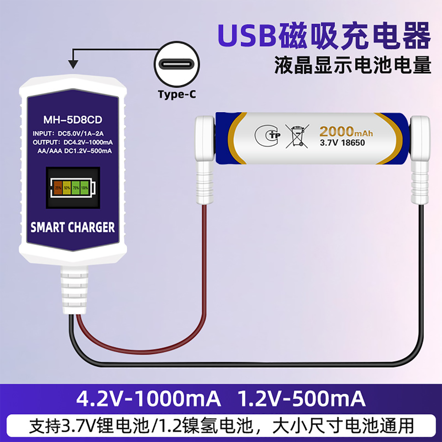 18650充电器usb智能屏显磁吸充电线3.7v锂电池1.2v镍氢电池通用充