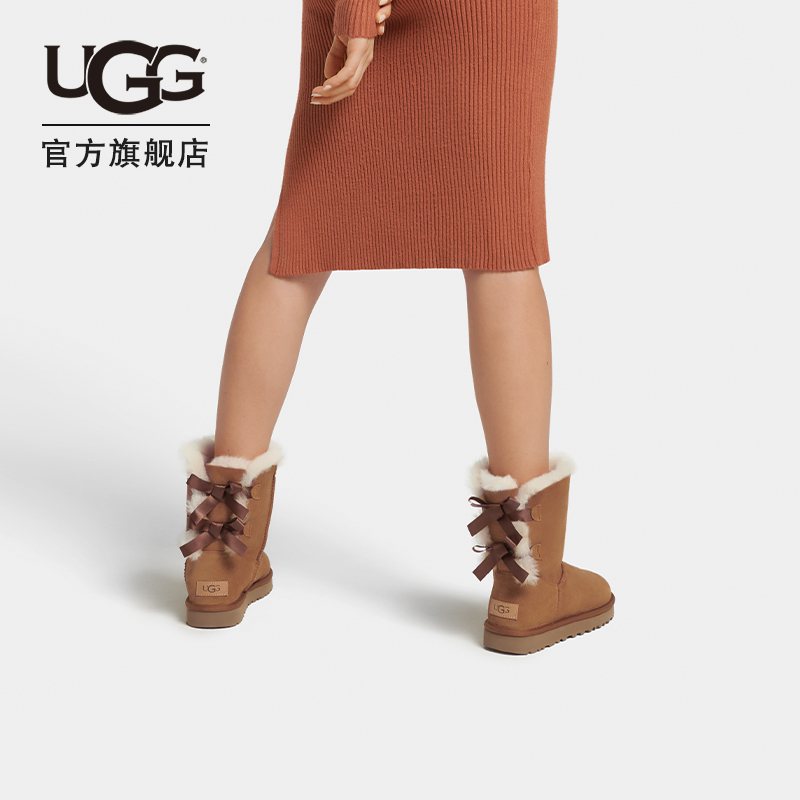 UGG冬季女士休闲舒适平底圆头蝴蝶结纯色短靴雪地靴 1016225