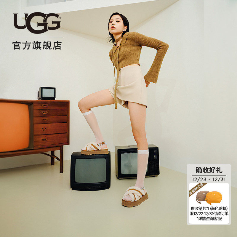 UGG春季女士休闲时尚交叉鞋面厚底舒适弹力束带毛毛凉鞋 1121550