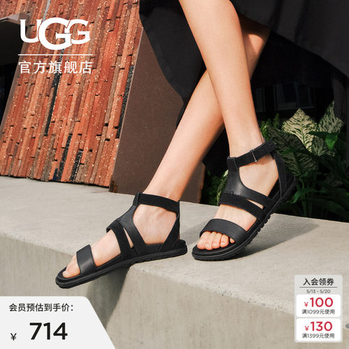 UGG夏季新款女士舒适时尚平底魔术贴纯色露趾休闲罗马凉鞋1178877