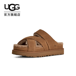 UGG春季新款女士时尚舒适纯色露趾交叉绑带款休闲毛毛拖鞋1178470