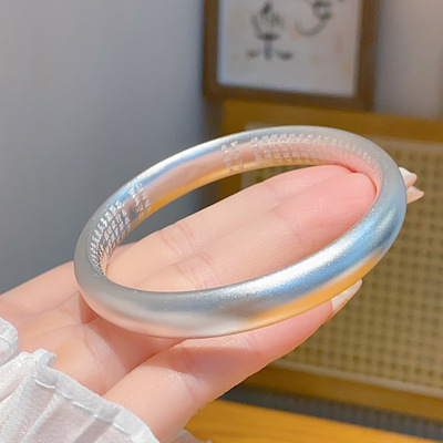 银手镯足999纯银手镯女 古法银空心心经银手镯闭口 宽面 民族风