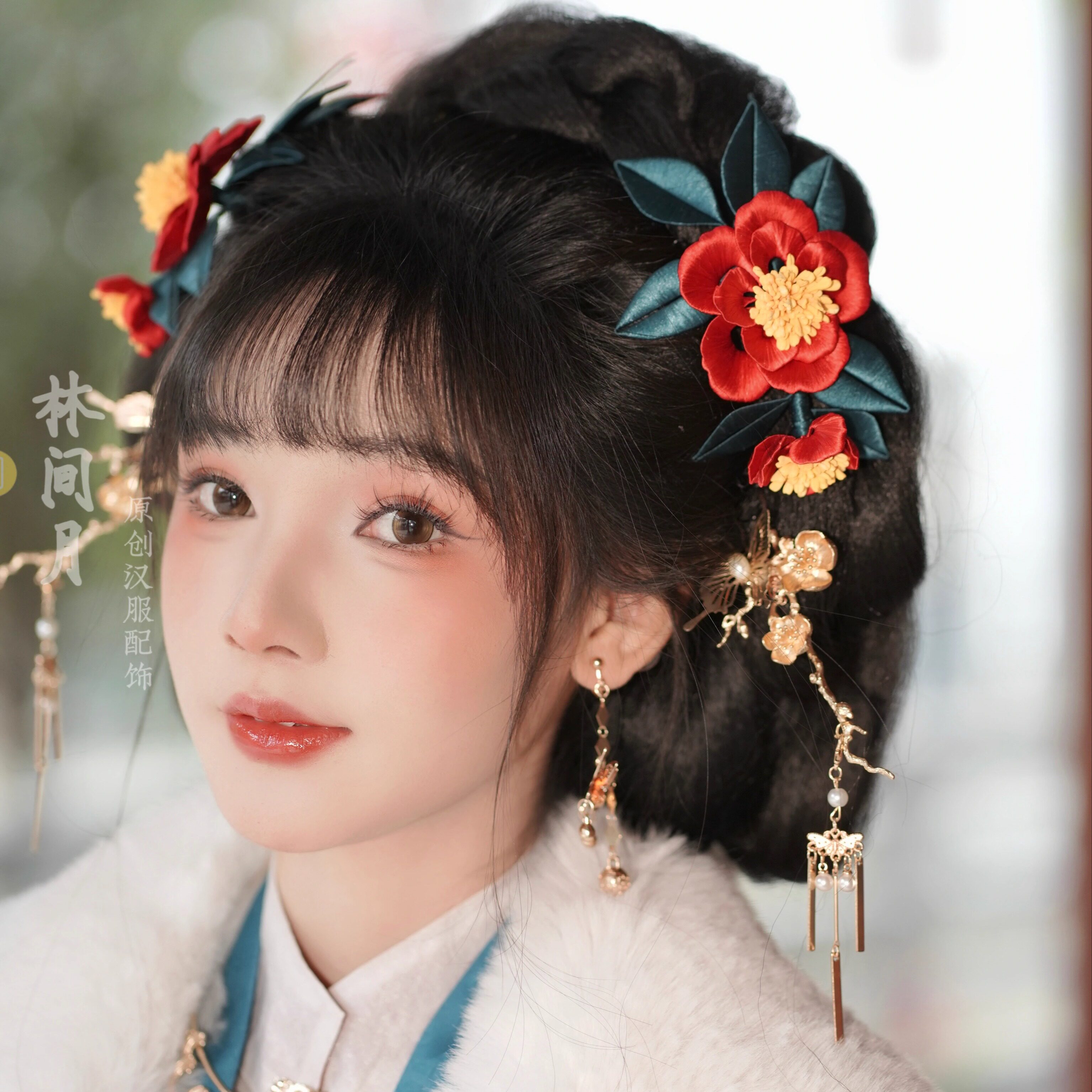 林间月原创【一捻红】红色山茶花缠花发饰非遗手工流苏发簪发冠