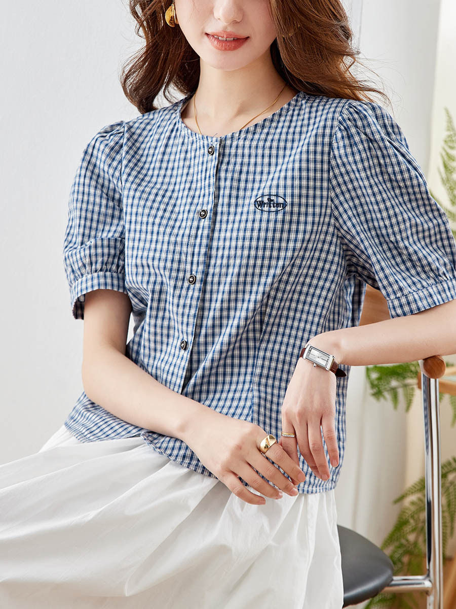 纯棉圆领格子衬衫女短袖2026衬衫