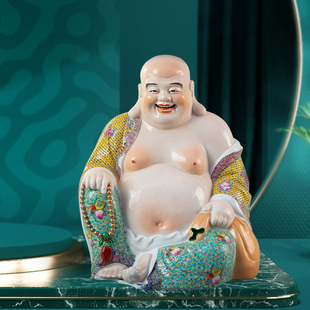 新中式禅意陶瓷招财弥勒佛摆件客厅玄关书桌佛像装饰会所桌面摆放