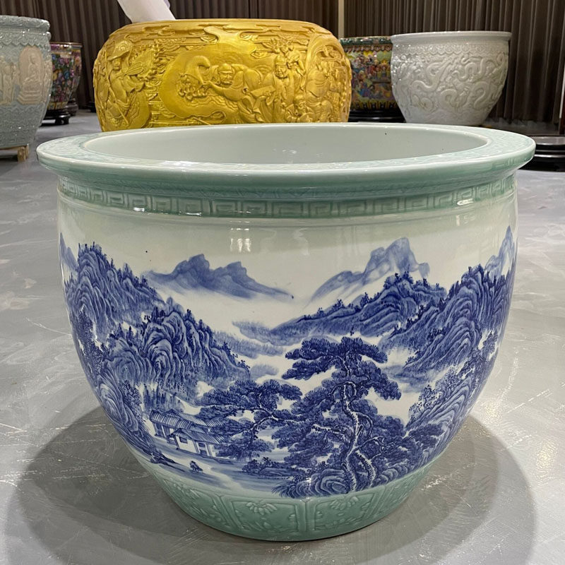 景德镇陶瓷开放式鱼缸青花瓷睡莲荷花缸一米水缸庭院门海大缸摆件