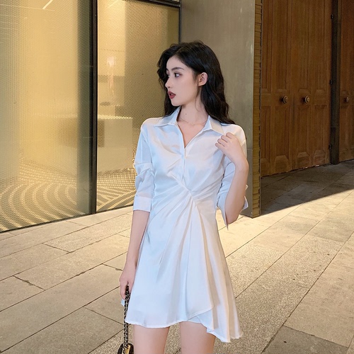 Real-price waist white dress with thin Satin Chiffon shirt skirt