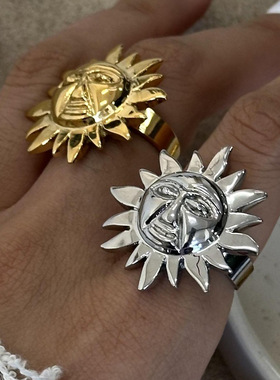 不锈钢夸张太阳花开口戒指感ins指环钛钢手饰品跨境rings