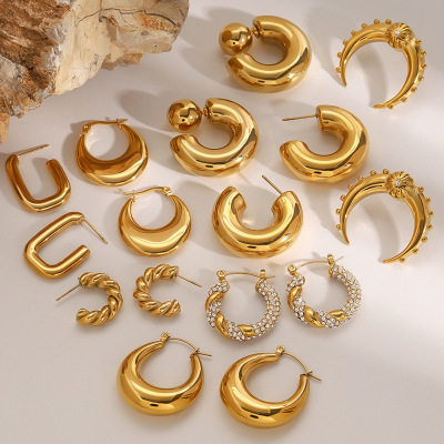 欧美不锈钢双c耳环高级感ins锆石耳钉钛钢耳饰品跨境earrings