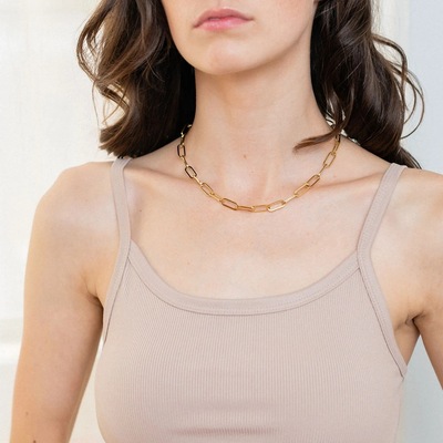 欧美风朋克嘻哈回形针链项链首饰 真空电镀18K金不锈钢项圈女士