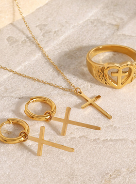 欧美不锈钢十字架项链高级感ins吊坠耳环18k钛钢戒指
