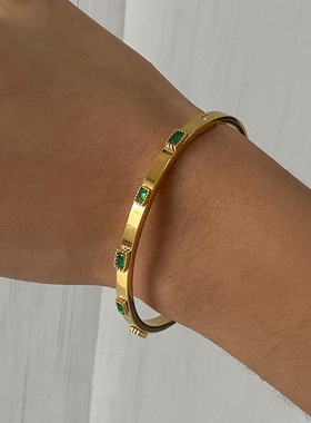 欧美不锈钢绿色锆石手镯卡扣镯子钛钢手饰跨境bracelet