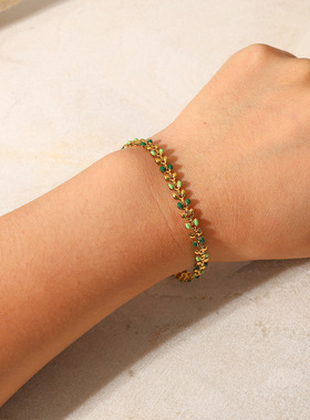 INS欧美女式新款手链18K金绿色滴油橄榄叶子不锈钢时尚风手链