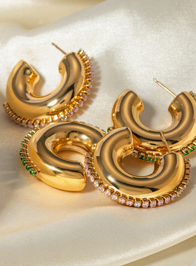 ins春夏新款18k金不锈钢绿色带钻耳钉时尚简约白色水钻C形耳环