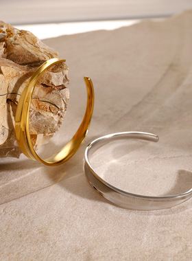 欧美跨境18k金不锈钢凹面光面开口手镯ins网红冷淡风简约钛