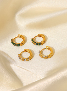 INS欧美新款白色/绿色锆石耳环18K金不锈钢耳圈时尚风耳饰耳环女