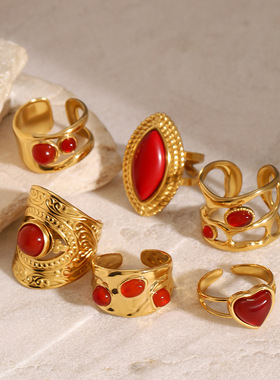 欧美不锈钢红玛瑙戒指开口指环高级感夸张手饰品跨境ring