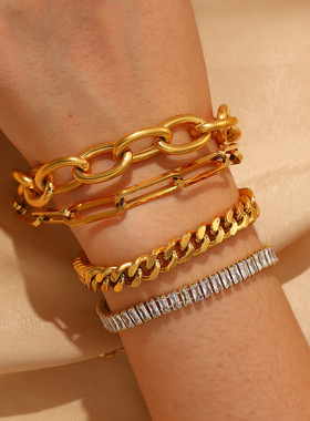 欧美新款18K金不锈钢古巴链手链时尚INS风十字链手饰女士锆石