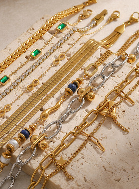 欧美不锈钢锆石珍珠手链高级感小众金属链条钛钢手饰跨境饰品