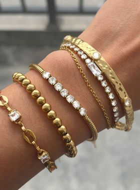 欧美手镯不掉色环保手环不锈钢锆石手链女感ins韩系饰品