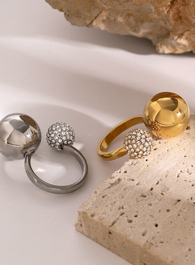 18k不锈钢水指女ins冷淡风不对称开口钢珠镶水钻开口戒指